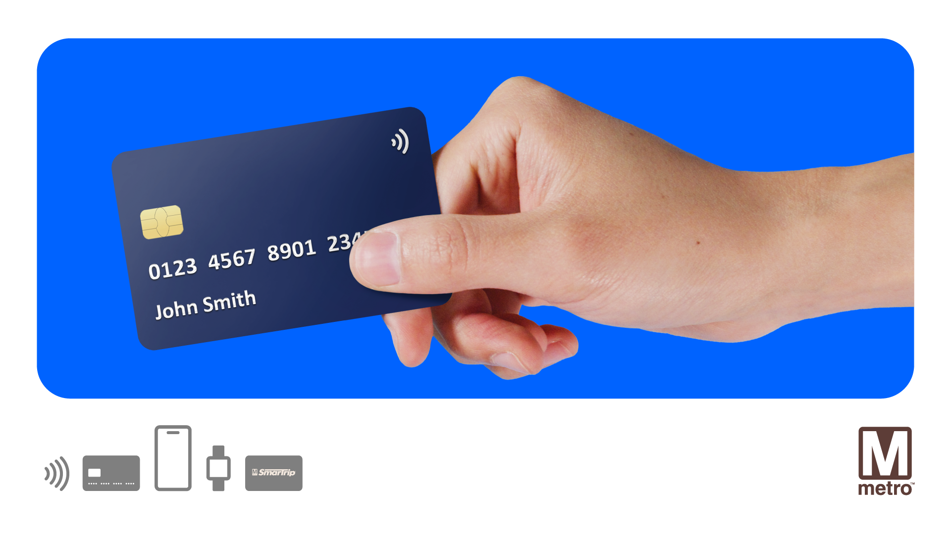 Tap. Ride. Go. advertisement showing a hand holding a contactless credit card. Badges show that credit, phones, watches, and Smart Trip cards are accepted.