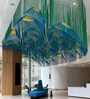 Modern lobby with colorful hanging art