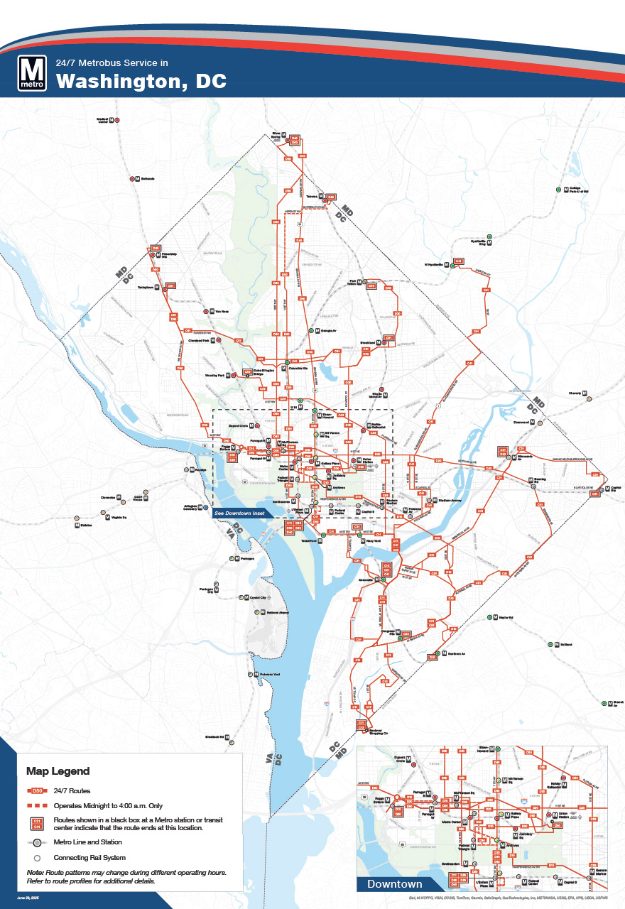 Mapa do Serviço de Ônibus 24 horas por dia do Distrito de Columbia, 7 dias por semana,